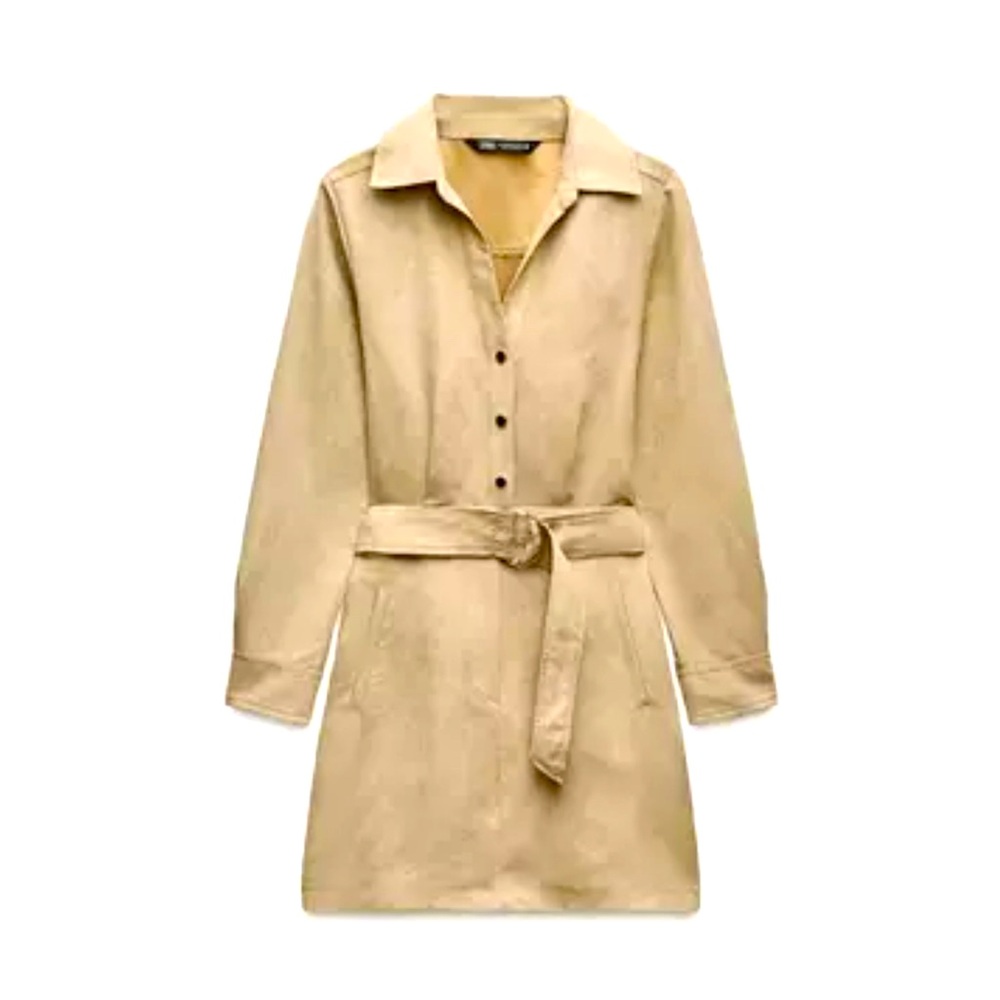 ZARA stunning Tan Button-Up Belted Dress Suede Mini Dress with gold hardware🔥🔥🔥